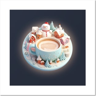 Cappucino barista art with snowman in a winter wonderland setting Posters and Art